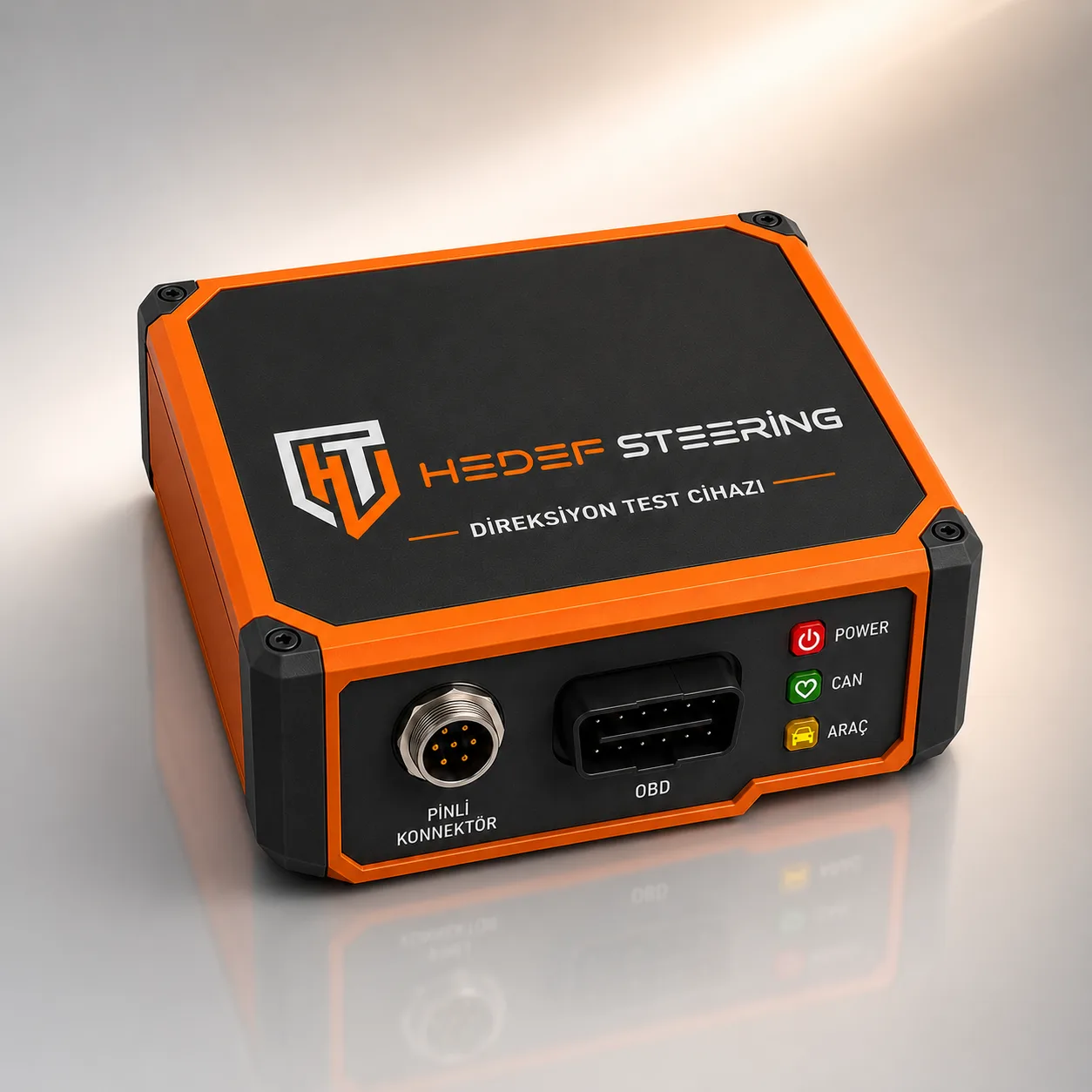 Hedef Steering — direksiyon test ve arıza tespit cihazı (EPS/EHPS); PİNLİ KONNEKTÖR, OBD ve POWER/CAN/ARAÇ durum LED'leri
